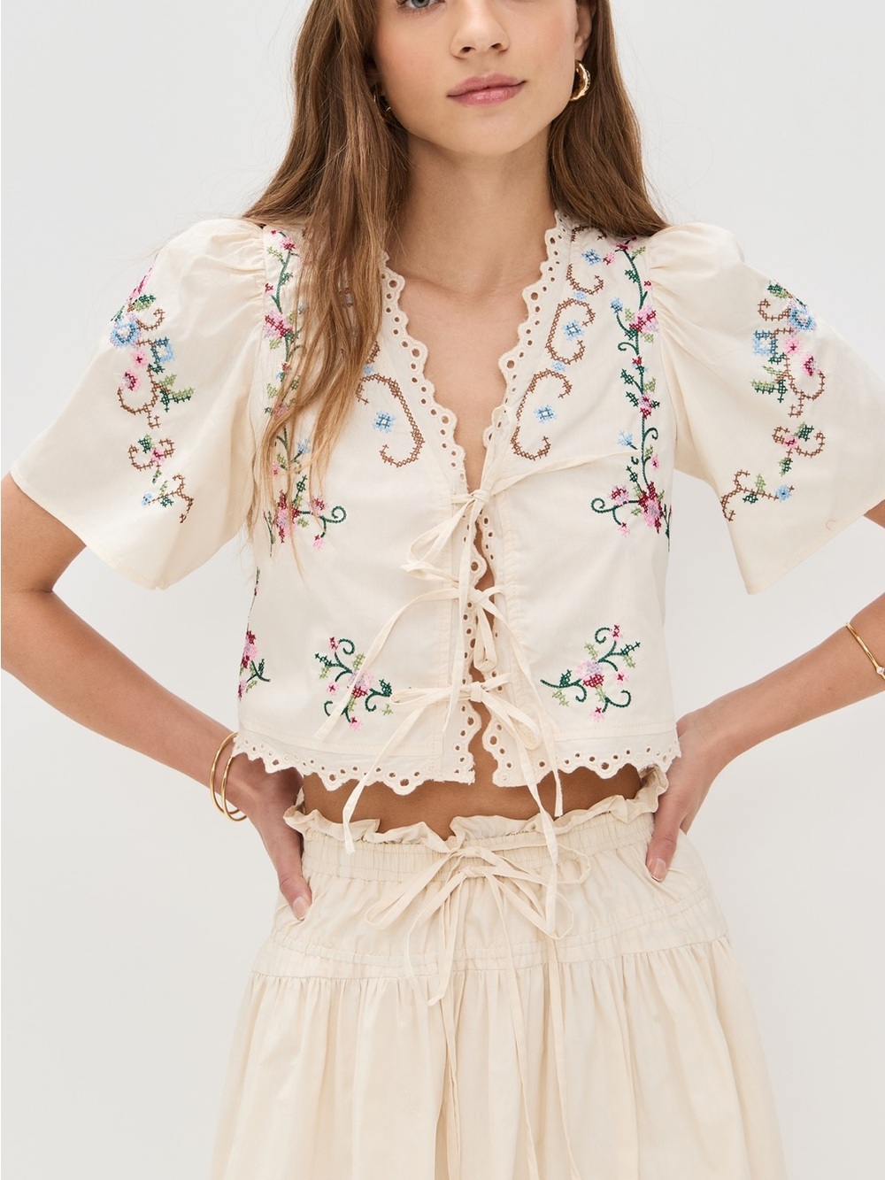Moon River Short Puff Sleeve Eyelet Detail Top; Fits S/M; 100% Cotton